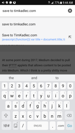 On Chrome for Android, the bookmarklet is accessible by typing its name into the URL bar.