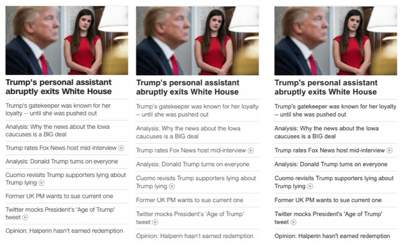 The CNN site uses a web font (left) for text display, but falling back to Helvetica (middle) or Arial (left) has only a very minimal visual impact.